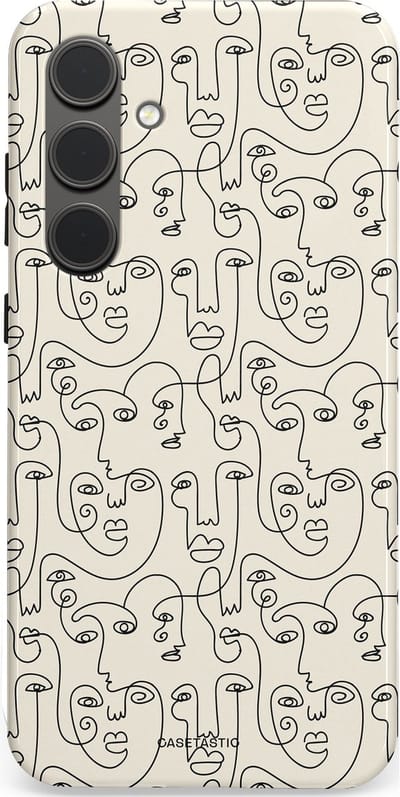 Casetastic hoesje geschikt voor Samsung Galaxy S24 Plus - Dubbellaagse bescherming - Art Deco Creme Abstractie Lijntekening Gezichten - Fashion Case - Zilver Crème Wit