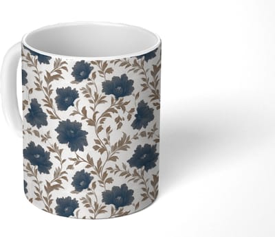 Mok - Koffiemok - Motief - Bloemen - Zwart - Beige - Mokken - 350 ML - Beker - Koffiemokken - Theemok