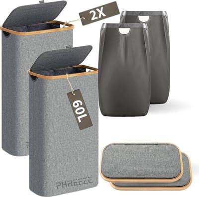 Smalle Wasmand - 60L - 2 Stuks - Wasmanden met Deksel en Waszak - Mand Vuile Was - Opbergmand - Mand - Grijs