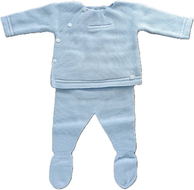 Gebreid tweedelig baby pakje met overslag truitje | Lichtblauw | broekje met voetjes |maat 62 | 03 maand |
