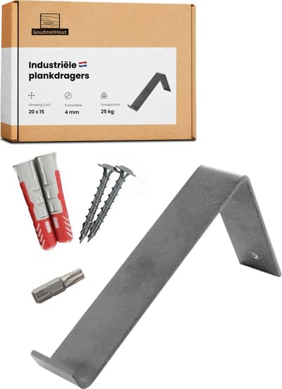 GoudmetHout® Industriële Plankdragers L-vorm - 20 cm - Stalen Plankdrager voor Wandschap, Muurrek of Wandconsole - Max 25 kg - 1 stuk - Zonder Coating