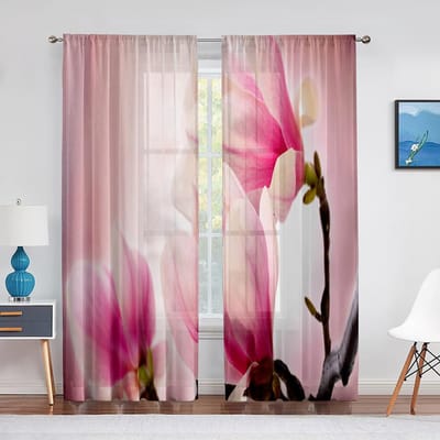 Roze Magnolia Lentebloemen Transparante Gordijnen voor Woonkamer Slaapkamer Keuken Hoteldecoratie Chiffon Tule Voile Raamgordijn 1 PCS W100XH250cm&Grommet Top