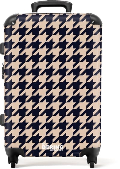 NoBoringSuitcases.com - Grote koffer dames - Pied-de-poule patroon in beige en donkerblauw - Reiskoffer met 4 wielen - Trolley op wieltjes - Rolkoffer groot vrouwen - 72 liter - Ruimbagage valies 20kg - Valiezen voor volwassenen