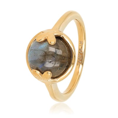 My Bendel - Ring met Hartjesdetail en Ronde Edelsteen • Labradorite - met Luxe Cadeauverpakking | Sieraden Voor Dames | Maat 17.00 Mm / Maat 53