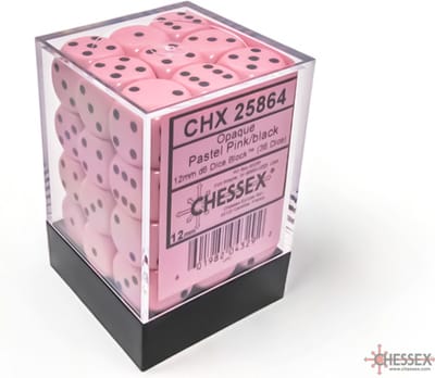 Chessex Opaque Pastel Pink/black D6 12mm Dobbelsteen Set (36 stuks)