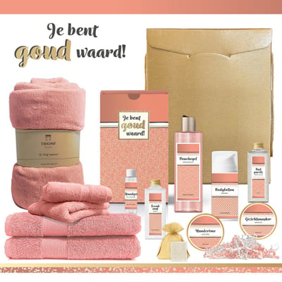 Geschenkset “Je bent goud waard!” - 13 producten - 1910 gram | Luxe Cadeaubox voor haar - Wellness Pakket deluxe Vrouw - Giftset Kerst - Cadeau Speciaal voor jou - Cadeaupakket Collega Vriendin Moeder Vrijwilliger - Gift Moederdag - Kerstpakket Roze