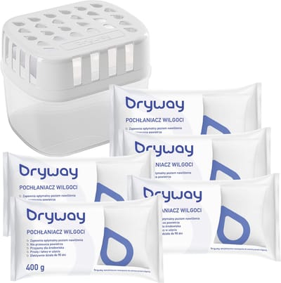 Dryway Luchtontvochtiger + 5x Vochtvanger Navulling 400g – Universeel – 3 Maanden Werking – Voor Kamer, Badkamer, Kelder en Garage