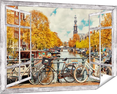 Gards Tuinposter Doorkijk Amsterdamse Brug bij een Brug met Fietsen - 150x100 cm - Tuindoek - Tuindecoratie - Wanddecoratie buiten - Tuinschilderij