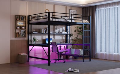 Hogeslaapbed 140x200 cm - Zwart Met App-Gestuurde Ledstrip, Bureau Met Stopcontact+USB, Reling En Ladder