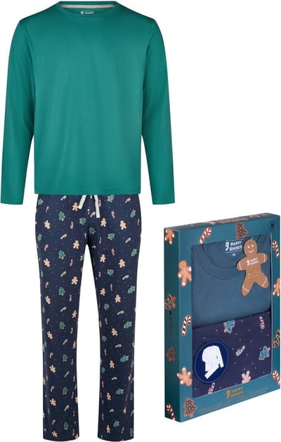 Happy Shorts Heren Kerst Pyjama Set Shirt + Broek Giftbox Groen/Blauw Kerstprint - Maat XL