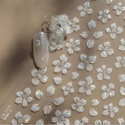 Nail Art Stickers met Witte Bloemen, Verfijnde Crystal Bloemen Decals en Jelly Bloemen voor Creatieve Nagelversiering