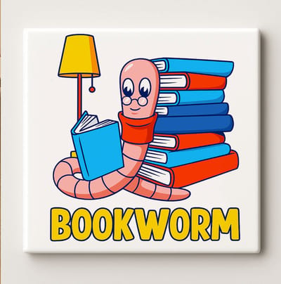 Schattige Boekenwurm Keramische Tegel – Lezen Liefhebber Illustratie Wanddecoratie – Bibliotheek & Studiekamer – 15 × 15 cm