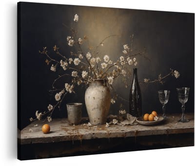 Artaza Canvas Schilderij Stilleven Met Bloemen En Sinaasappels - 30x20 cm - Klein - Wanddecoratie Woonkamer - Schilderijen - Muurdecoratie