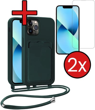 Hoesje Geschikt voor iPhone 13 Pro Hoesje Met Telefoonkoord en Pasjeshouder Met 2x Screenprotector Siliconen - Hoes Geschikt voor iPhone 13 Pro Hoesje Met Kaarthouder Case - Donkergroen