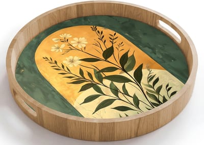 Dienblad rond 40x40 cm - Schootdienblad hout - Plant - Bloemen - Wit - Borrelplank rechthoek - Plateau houten dienbladen