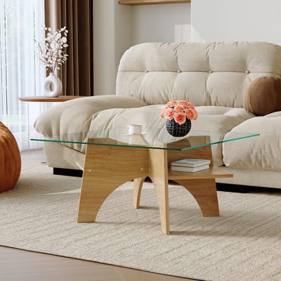 MODFU Salontafel - Vierkant Met Opbergvak - Modern - Voor Woonkamer - MDF En Veiligheidsglas - Transparant En Houtkleur - 80 X 80 X 40 Cm