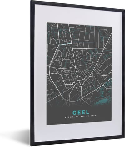 Fotolijst incl. Poster - Kaart – Plattegrond – Stadskaart – Geel – België - Grijs - 30x40 cm - Posterlijst