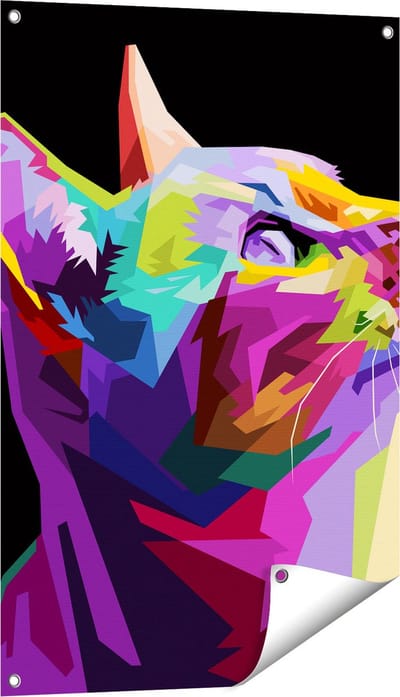 Gards Tuinposter Kleurrijke Kat Kijkt naar Boven - Abstract - 60x90 cm - Tuindoek - Tuindecoratie - Wanddecoratie buiten - Tuinschilderij
