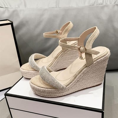 Nieuwe Mode Suede Strass Waterdichte Platform Stiletto Gesp Super Hoge Hakken Damesschoenen Sandalen Nachtclub Hennep Touw Schoenen 37 gray