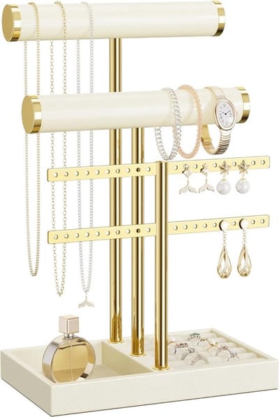 Luxe Sieradenhouder met Fluwelen Stangen – 5-Laags Armband- en Horlogedisplay – Beige Fluweel met Goudkleurig Metaal – Voor Armbanden, Kettingen, Ringen & Oorbellen