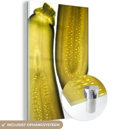 ® Glasschilderij 120x180 cm - Schilderij acrylglas - De doorsnede van een courgette - Foto op glas - Muurdecoratie woonkamer - Wanddecoratie slaapkamer - Schilderijen