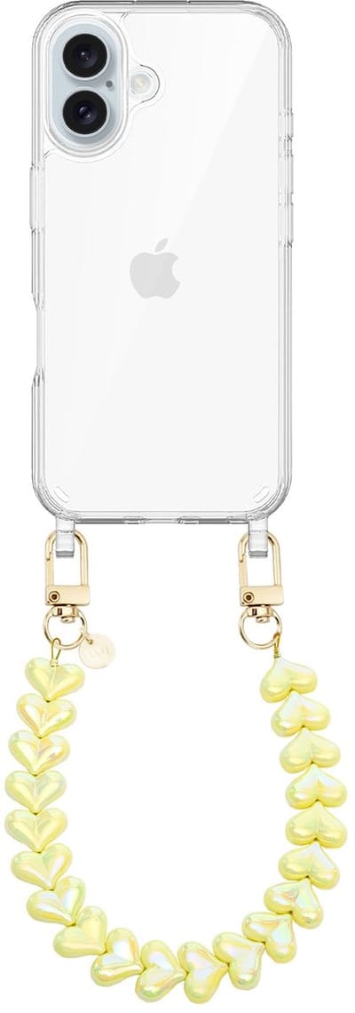 xoxo Wildhearts siliconen hoesje - Geschikt voor iPhone 17 hoesje - Funky Hearts (Yellow Metallic) - Telefoonhoesje - Hoesje met koord - Geel koord - kort telefoonkoord - Hartjes ketting - Transparant hoesje