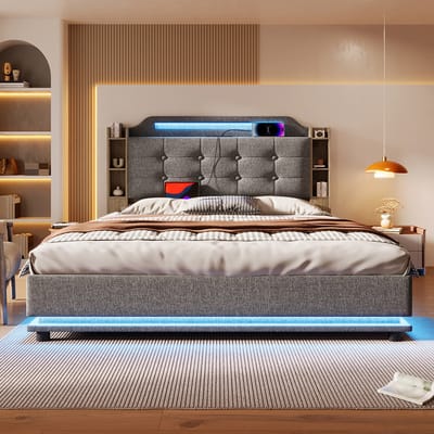 Pugsdrly Gestoffeerd bed, 140*200 cm, met ledstrip, hydraulische opbergruimte, meerdere opbergvakken, zonder matras, USB + TYPE-C, lakens, grijs