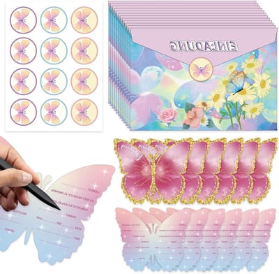 Set van 12 uitnodigingen met gouden rand voor een vlinder verjaardagsfeest - Betoverende uitnodigingen voor meisjes, feestuitnodigingen met enveloppen, unieke verjaardagsdecoratie en feestaccessoires