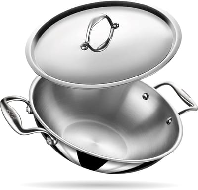 Tri-Ply Roestvrijstalen Kookpan met Deksel - Kadhai/Kadai voor Inductie en Gas - 20 cm, 1.6 Liter