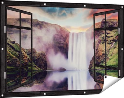 Gards Tuinposter Doorkijk Waterval met een Weerspiegeling in het Water - 120x80 cm - Tuindoek - Tuindecoratie - Wanddecoratie buiten - Tuinschilderij