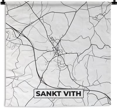 Wandkleed - Wanddoek - Plattegrond – Sankt Vith – Zwart Wit – Stadskaart - Kaart - België - 180x180 cm - Wandtapijt