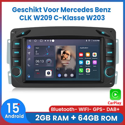 Awesafe Autoradio - Geschikt Voor Mercedes Benz CLK W209 1998 t/m 2004 C-Klasse W203 2000 t/m 2004 - 7 inch IPS Scherm - Draadloos Apple CarPlay & Android Auto - Android 15.0 System - Ram 2GB + Rom 64GB - GPS Navigatie Bluetooth WIFI - Radio Scherm