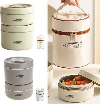 Stapelbare Lunchbox Set - Voedselcontainer Set - Warme Maaltijden Meenemen - Roestvrij Staal Isolatie - 3 Stuks - Bruin