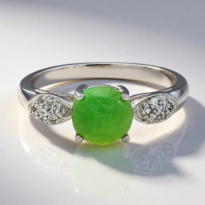 Cavill - Zilveren Ring met Keizerlijke Chrysopraas 0,77 ct en Witte Topaas 0,055 ct - 925 Sterling Zilver - Elegante Ronde Cabochon Ring - Handgemaakt