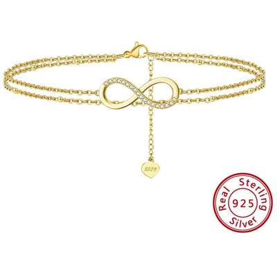 Sieraden S925 Sterling Zilveren Enkelbandje, Dubbellaags 8-vormig Mooie Benen, Verstelbaar op Het Strand 925 beige