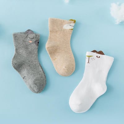 Baby Jongens Sokken 2–6 Maanden – Katoenen Babysokken met Beer – Grijs, Beige & Wit