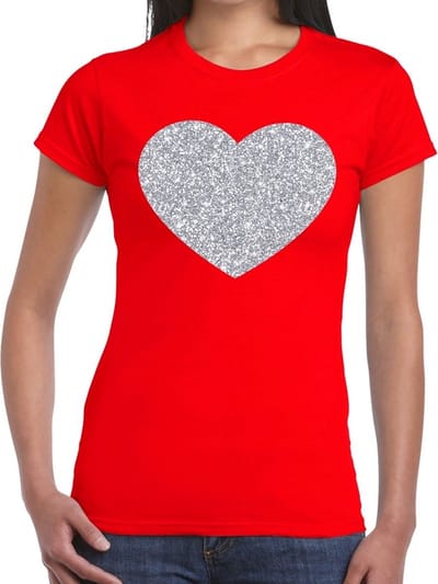 Feestkleding verkleedkleding t-shirt - met zilveren hartje - rood - voor dames - Glitter and Glamour XS