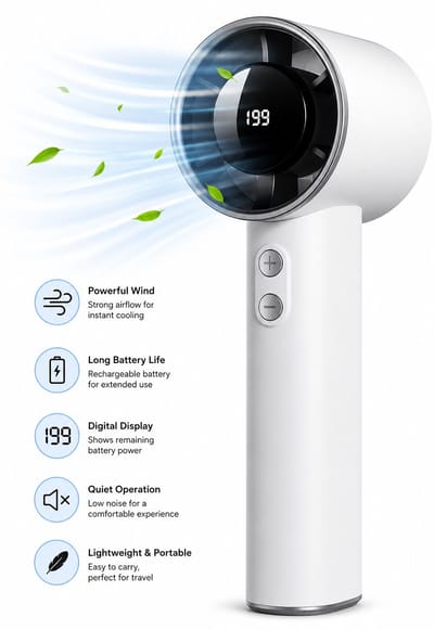 Mini Portable USB Rechargeable Hand Fan – 3000mAh Personal Desk Fan with 1–199 Speed Settings, LED Display & Up to 13 Hours Battery Life
