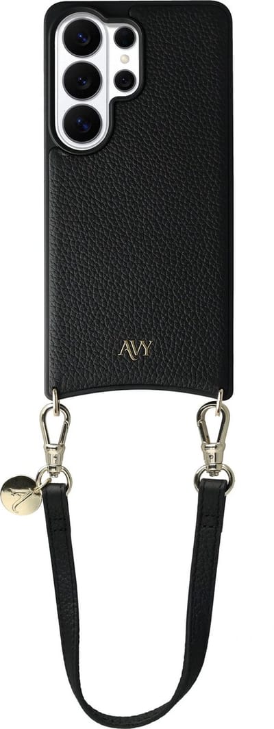 AVY Leren Hoesje Geschikt voor Samsung Galaxy S26 Ultra | Compatibel met MagSafe | Leather Case met Telefoonkoord | Polsband | Zwart | Short Leather