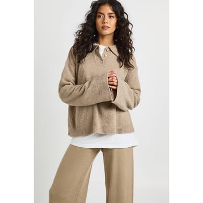 boohoo Dames Dikke Gebreide Kraag Detail Oversized Gebreide Trui en Wijde Pijp Broek Co-Ord | Taupe | Maat: Medium