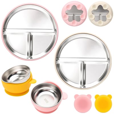 Set van 4 roestvrijstalen babyborden en kommensets - met 100% siliconen zuigplaatbasis, peuterspenen wlates dinerset - onbreekbare tussenschotten - BPA-vrij - voor peuters en baby's cadeau