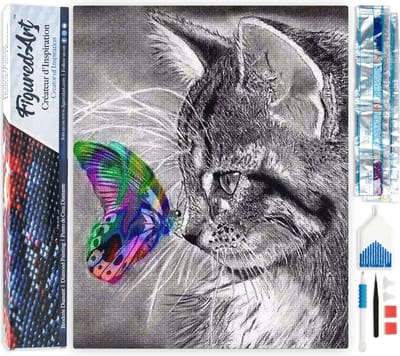Figured'Art Diamond Painting set Volwassenen 40x50 cm Kat en vlinder kleurrijk - 5D DIY Art full drill vierkante diamant - Opgerold canvas