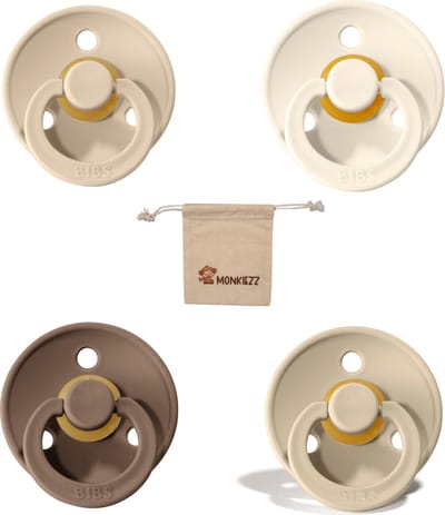 Bibs fopspenen Maat 1 0-6 maanden| Vanilla, Ivory, sand, Dark oak met Monkiezz Speenzakje