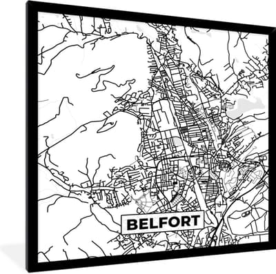 Fotolijst incl. Poster Zwart Wit- Kaart - Frankrijk - Stadskaart - Plattegrond - Belfort - Zwart wit - 40x40 cm - Posterlijst
