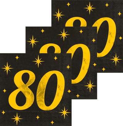 Paperdreams Verjaardag feest servetten - leeftijd 80 jaar - 48x stuks - zwart/goud - sterren - 33 x 33 cm
