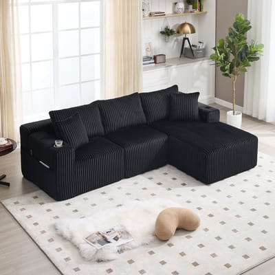 Modulaire sofaset met chaise longue en 2-zitsbank, zachte corduroy bekleding, inclusief 5 kussens, zijvakken en bekerhouders, schuim met hoge dichtheid, zelf samen te stellen, ideaal voor woonkamer, appartement en studio.