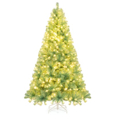 COSTWAY Kunstkerstboom met verlichting, 225 cm, dennenboom met warmwitte ledlampen, 8 modi en metalen standaard, kerstboom, kunstboom voor thuis (fruitgroen)