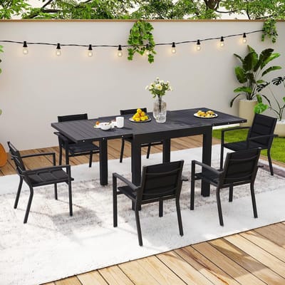 Tuinmeubelset 6 Personen Uittrekbare Tuintafel 80-160x80 cm met 6 Stapelbare Stoelen Aluminium Weerbestendig Donkergrijs – Modern Terras & Balkon Set – Laura