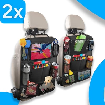 Autostoel Organizer - Tas met Opbergvakken - Universele Tablet / iPad Houder voor Kinderen op Auto Achterbank - Boeken, Kabels, Drinkbekers en meer - Hoofdsteun Hoes - Zwart (2-Pack)