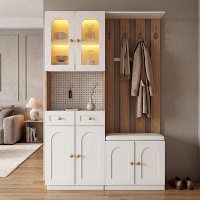 STILVORA Halmeubel - Garderobekast Met Zitbank En Ledverlichting - Omkeerbaar Voor Hal En Entree - MDF - 120x30x180 Cm - Wit En Eikendecor
